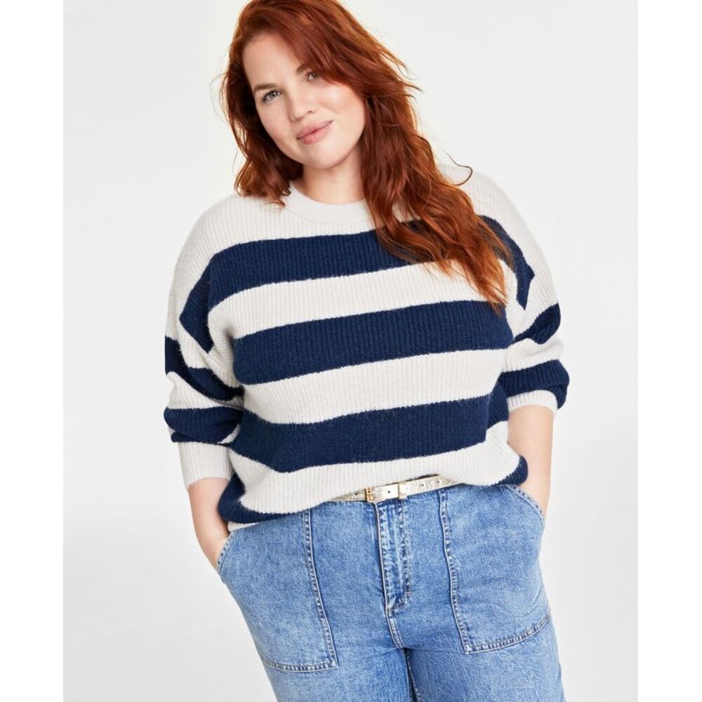 On 34th Plus Size Crewneck Striped Shaker Sweater